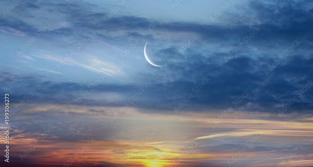 light in dark sky . sunset or sunrise with clouds . religion background . ramadan . sunset and new moon . mubarak background . ramadan kareem . dramatic nature background . clouds light in dark sky . sunset or sunrise with clouds . religion background . ramadan . sunset and new moon . mubarak background . ramadan kareem . dramatic nature background . clouds