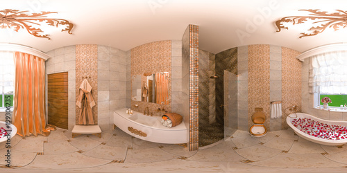 3d illustration spherical 360 degrees, seamless panorama of bathroom interior design in classic style. Interior Render for simulating virtual reality