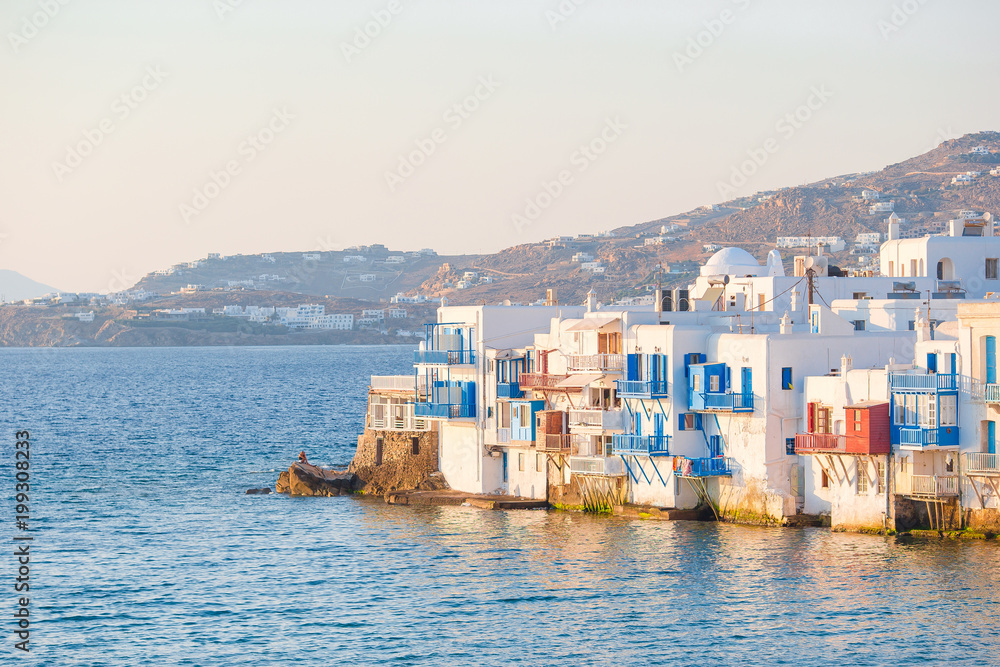 Little Venice the most popular attraction in Mykonos Island in soft evening light on Greece, Cyclades