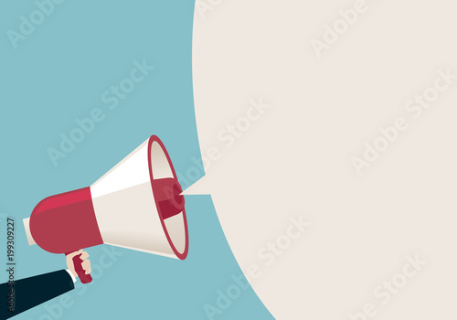 Hand holding megaphone with blank speech bubble