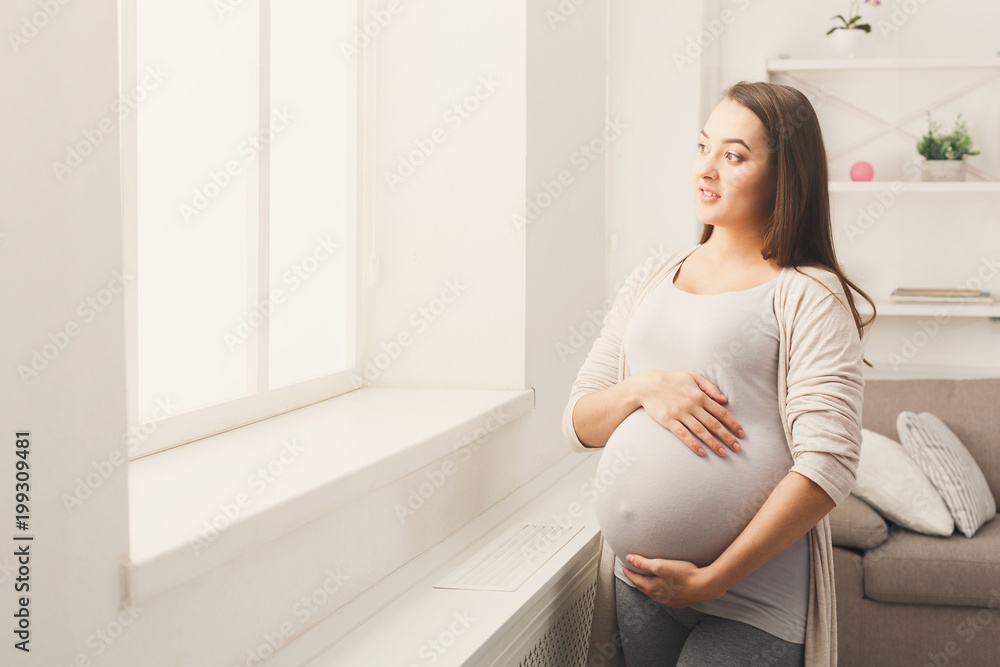 Pegnant woman caressing her belly at home Pegnant woman caressing her belly at home