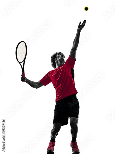 one caucasian hispanic tennis player man in studio silhouette isolated on white background © snaptitude