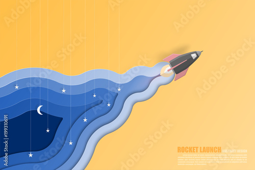 Rocket launch with smoke paper art layer style. Startup concept.