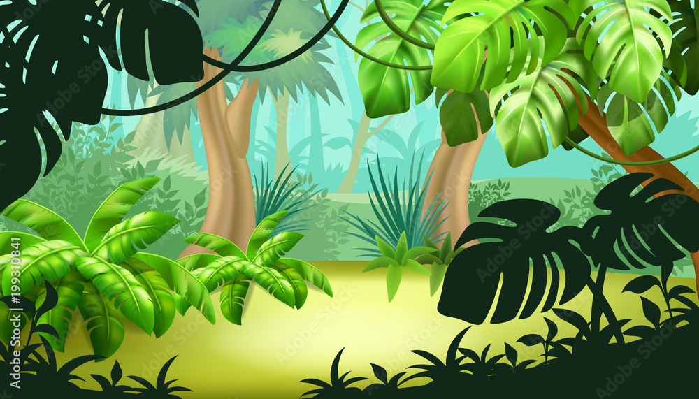 Obraz premium Krajobraz gry z tropikalną sceną dżungli. Tło wektor ilustracja.