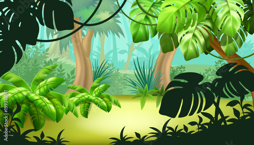 Game landscape with tropical jungle scene. Background vector illustration.