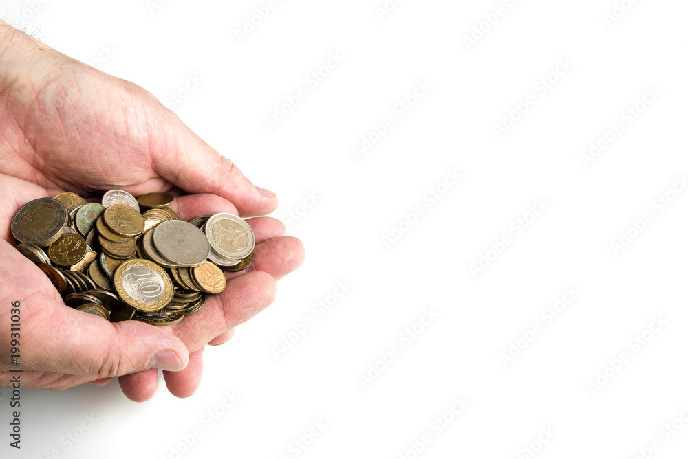 coins in hands isolated on white background coins in hands isolated on white background