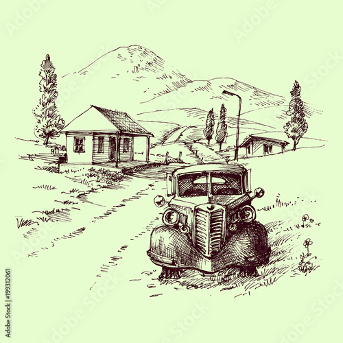Retro car front view scene. Parked automobile, road and village landscape in the background