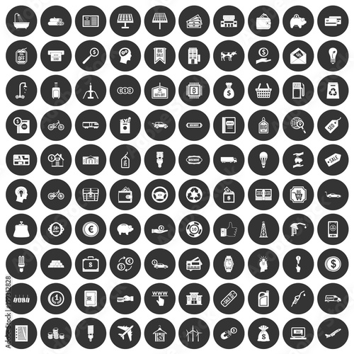 100 economy icons set black circle