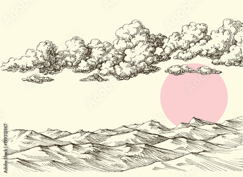 Clouds and sun over desert sand dunes. Desert landscape drawing