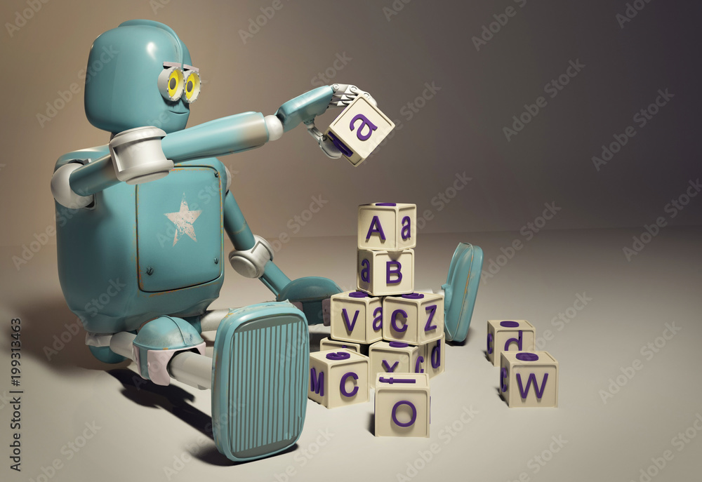 Naklejka premium Retro Robot plays with wooden ABC cubes on floore. 3D rendering. Education scientist robot student