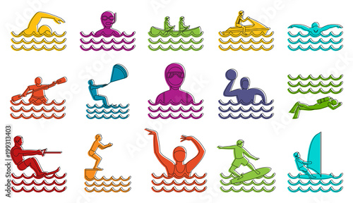 Water sport icon set, color outline style