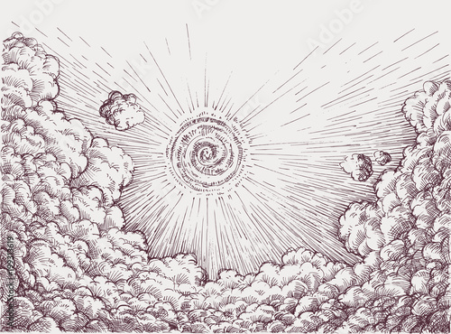 Sky drawing retro style. Sun rising over clouds, hope concept