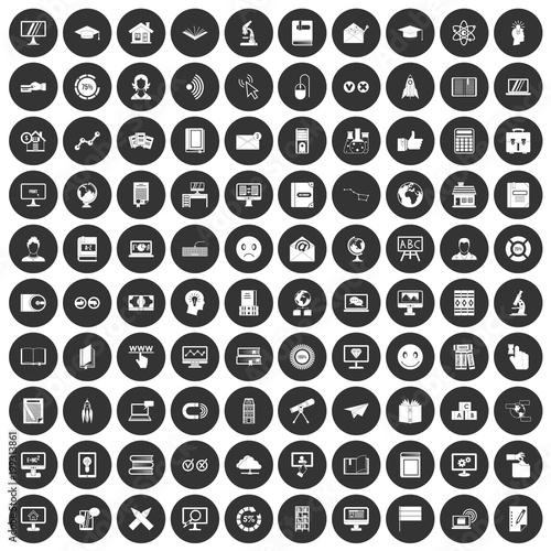 100 e-learning icons set black circle