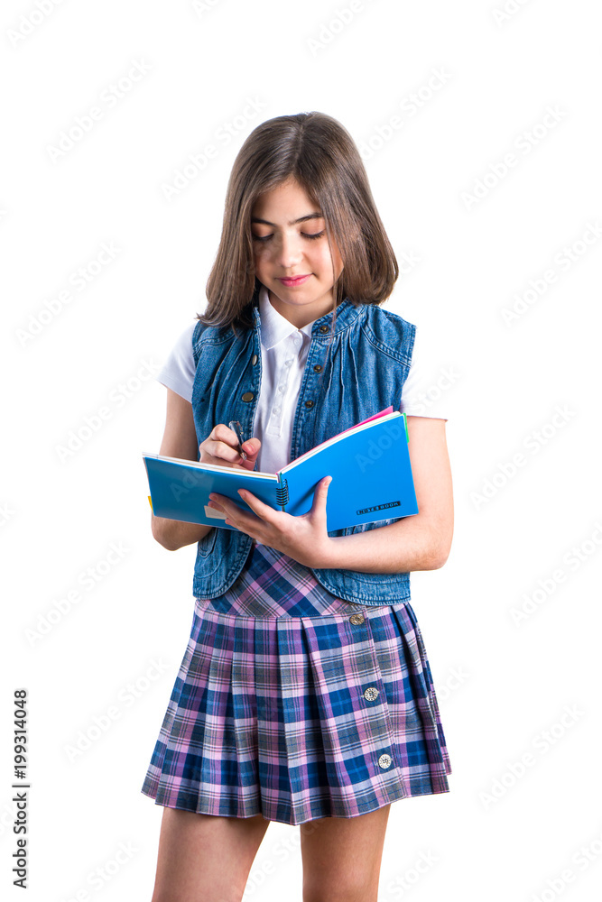 beautiful girl in school uniform with a notebook in her hand on a white background beautiful girl in school uniform with a notebook in her hand on a white background