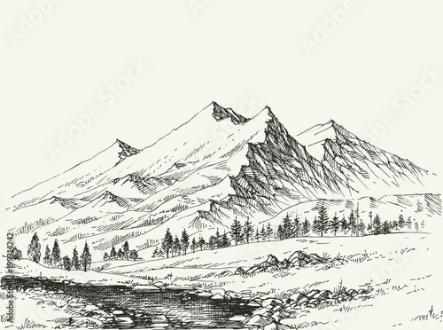 Mountains landscape sketch. River flow and alpine vegetation hand drawing