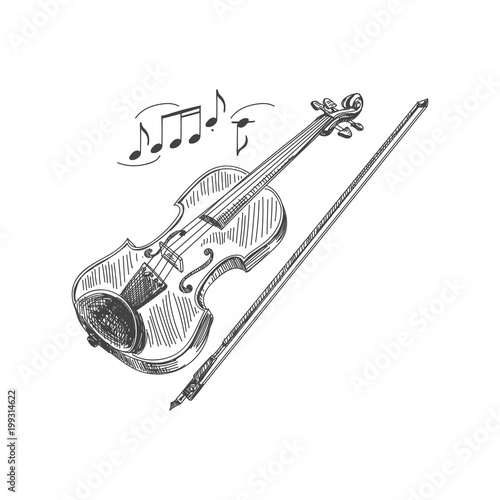 Beautiful vector hand drawn violin and a bow Illustration.