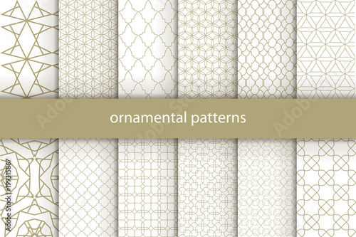  Vector set of 12 oriental patterns. White and gold background with Arabic ornaments. Patterns, backgrounds and wallpapers for your design. Textile ornament. Vector illustration.