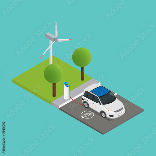 An isometric electric car is charged at the charging station and behind them is a wind turbine.