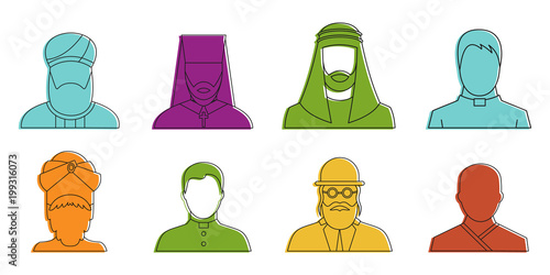 Religious avatar icon set, color outline style photo