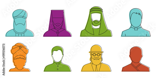 Religious avatar icon set, color outline style