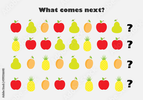 What comes next with fruit pictures  apple  pear  pineapple  for children  fun education game for kids  preschool worksheet activity  task for the development of logical thinking  vector illustration