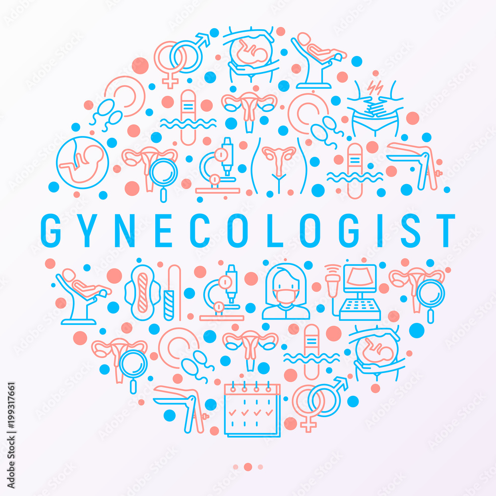 Gynecologist concept in circle with thin line icons: uterus, ovaries, gynecological chair, pregnancy, ultrasound, sanitary napkin, test, embryo, menstruation, ovulation Modern vector illustration.