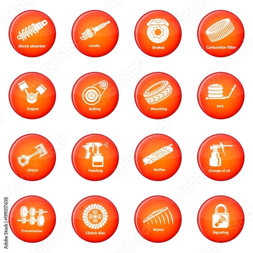 Car repair parts icons set red vector