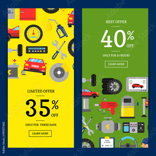 Vector sale web banners illustration with flat style car service elements for car service