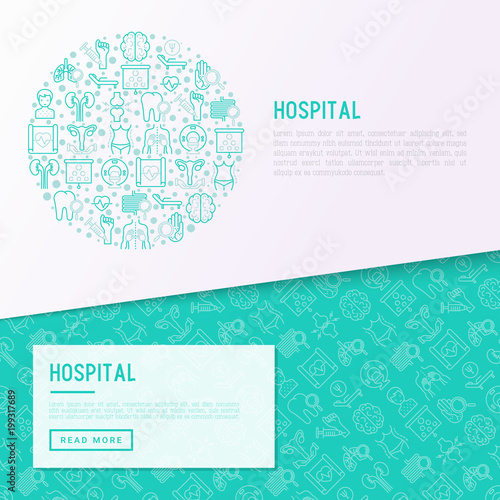 Hospital concept in circle with thin line icons for doctor's notation: neurologist, gastroenterologist, manual therapy, ophtalmologist, cardiology, allergist, dermatologist. Vector illustration.