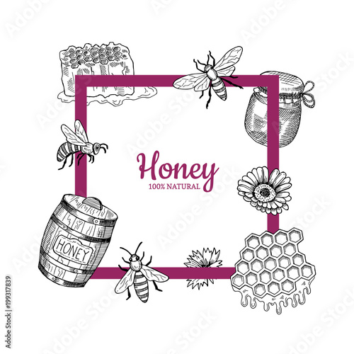 Vector frame with hand drawn honey elements