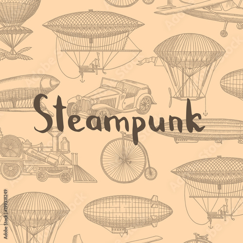 Vector background with steampunk hand drawn airships