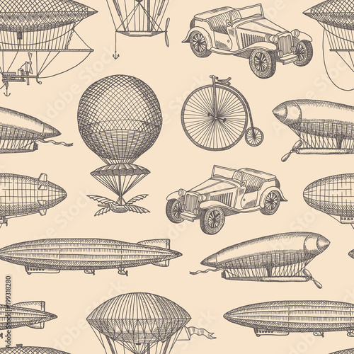 Vector pattern with steampunk hand drawn airships,