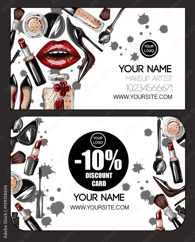 Business and discount card for makeup artist with crop top, lips, shoes.  Makeup patches vector illustration. Stock Vector | Adobe Stock