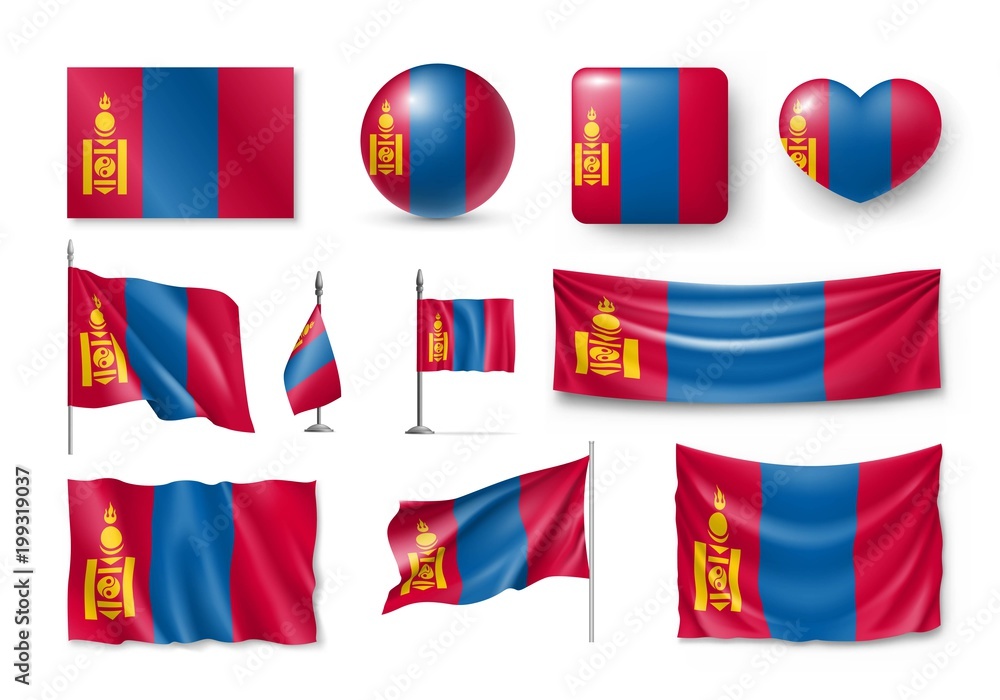 Set Mongolia flags, banners, banners, symbols, flat icon. Vector illustration of collection of national symbols on various objects and state signs Set Mongolia flags, banners, banners, symbols, flat icon. Vector illustration of collection of national symbols on various objects and state signs