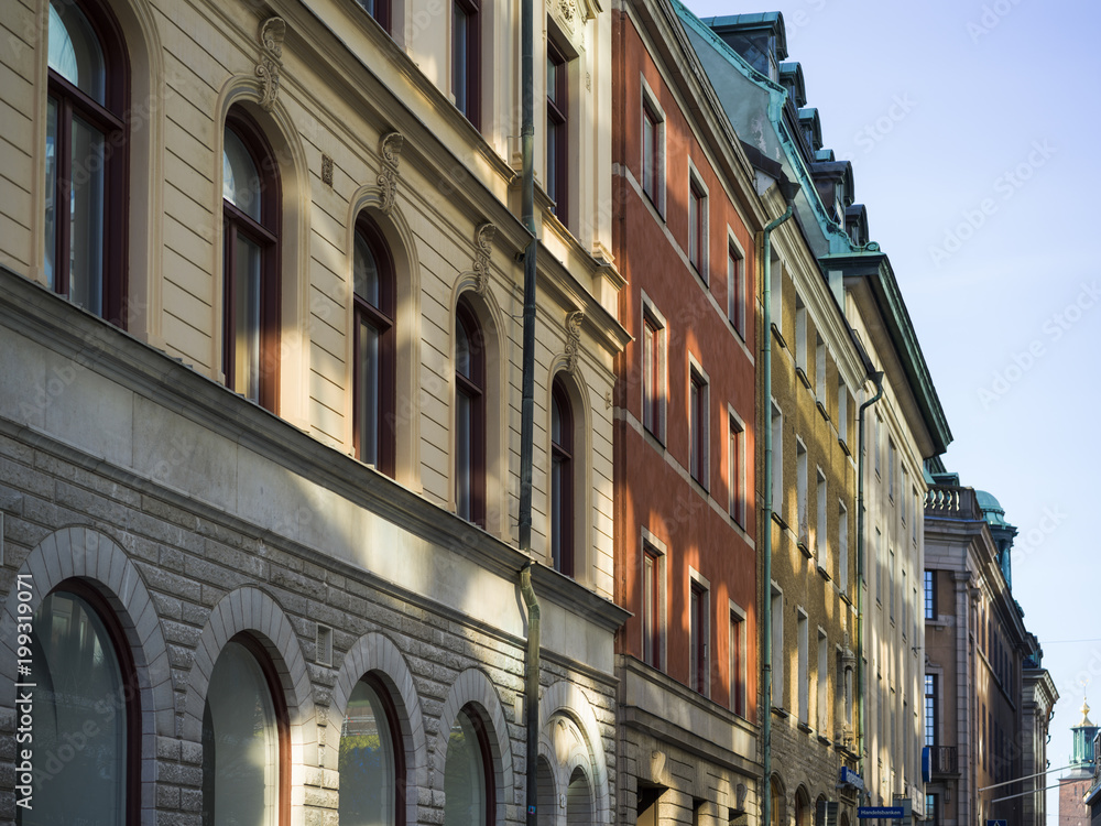 Faade of traditional buildings in city, Stockholm, Sweden