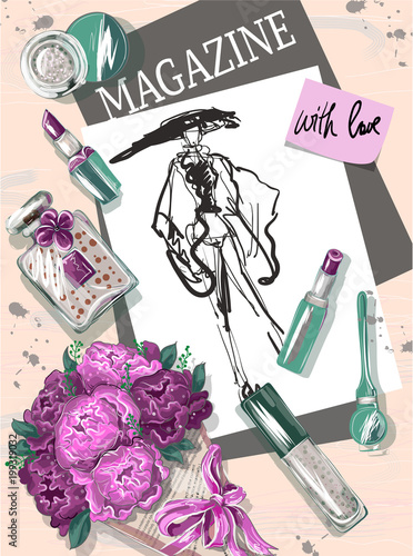 Flat lay illustration with bouquet of roses, sketch of girl, lipstick, brush, mascara, perfume, magazine. Vector.