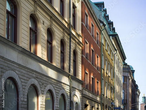 Faade of traditional buildings in city, Stockholm, Sweden © klevit