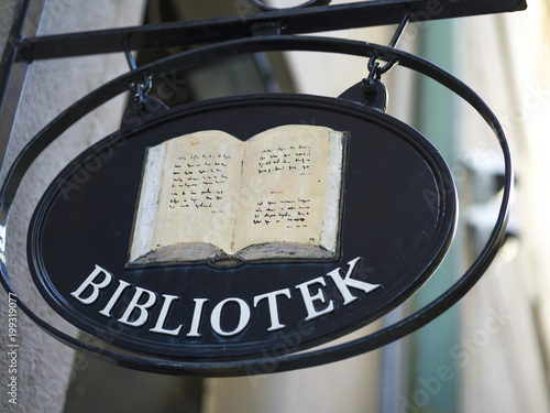 Close-up of library sign, Great Synagogue of Stockholm, Stockholm, Sweden photo