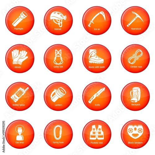 Speleology equipment icons set red vector