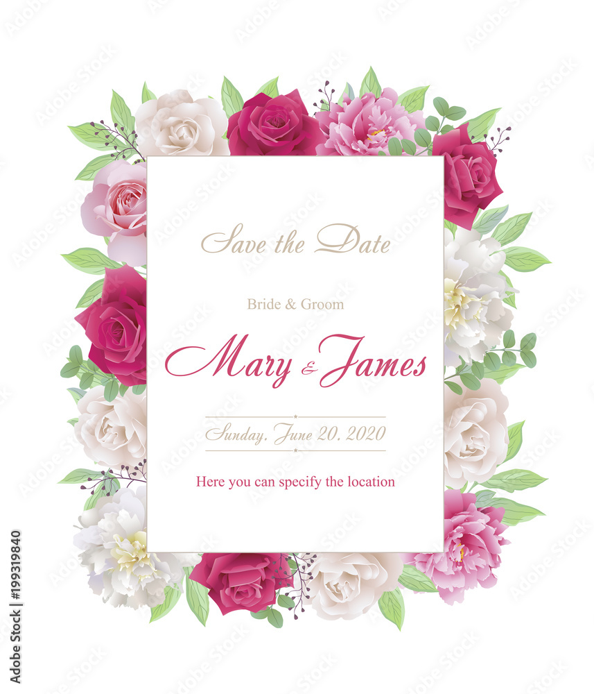 Wedding invitation cards with roses and peonies.Beautiful white and red roses, pink and white peonies. (Use for Boarding Pass, invitations, thank you card.)  EPS 10