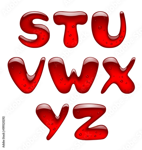 Set of red gel and caramel alphabet capital letters isolated on white