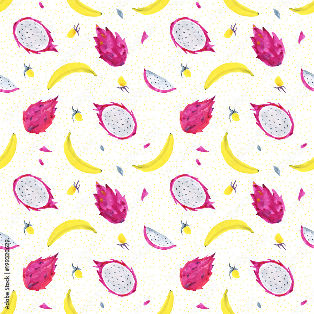 Watercolor pitaya. Hand painted seamless pattern with exotic fruits. Seamless background Watercolor pitaya. Hand painted seamless pattern with exotic fruits. Seamless background