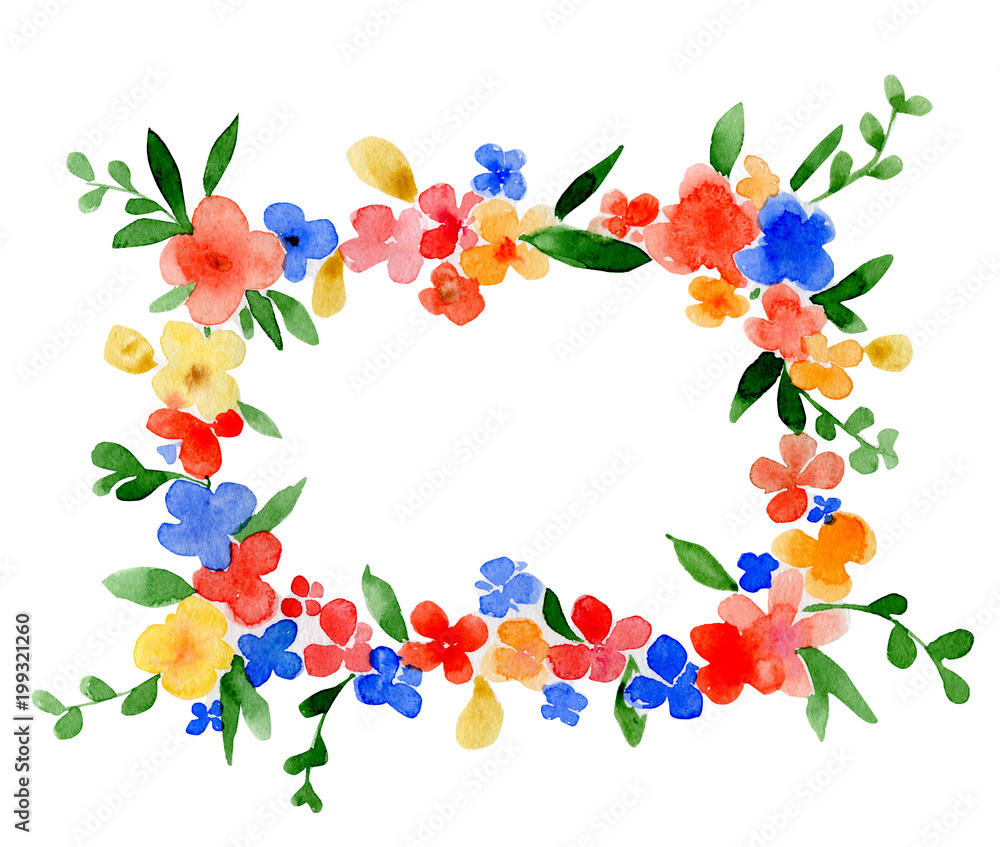Fototapeta premium Wreath watercolor rectangle frame with the place for a text. Funny flowers and the leaves.