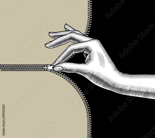 Woman's hand zipped up with pinch fingers the slide fastener