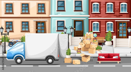 Stack of boxes wiht transport vehicle. Cardboard boxes with objects. Moving house concept. Vector illustration on street background. Web site page and mobile app design