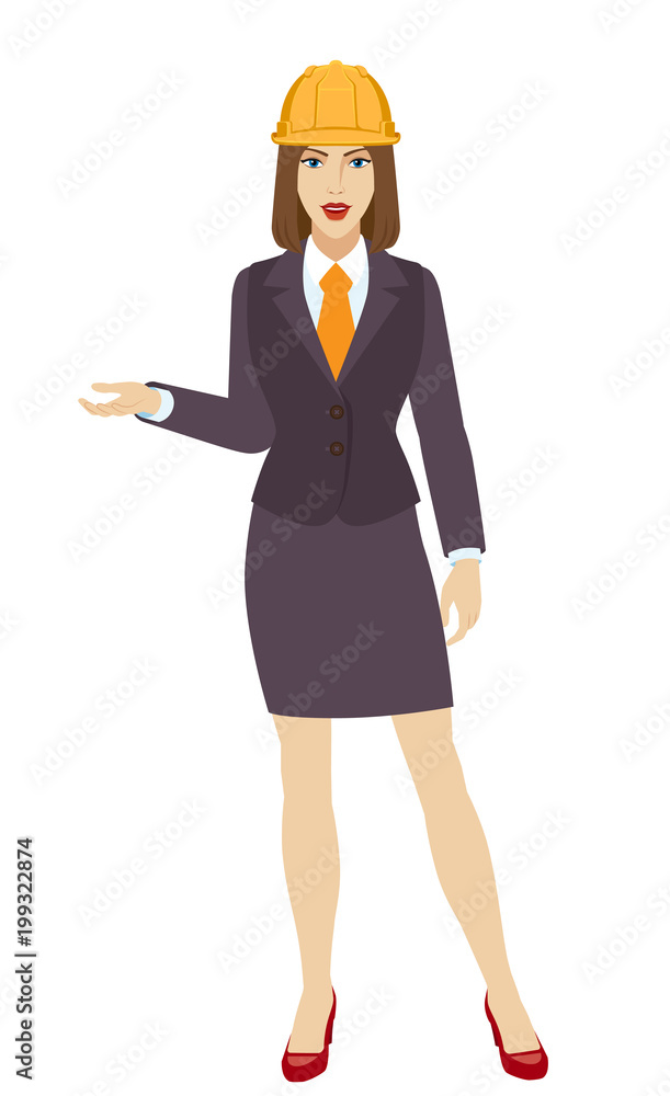 Businesswoman in construction helmet gesturing Businesswoman in construction helmet gesturing