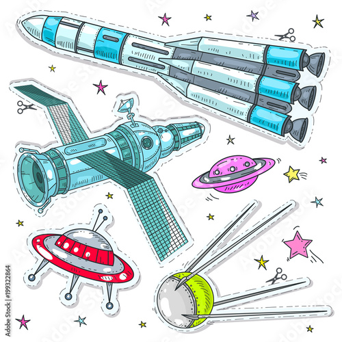 Naklejka Ilustracji wektorowych komiks stylu kolorowe ikony, naklejki kosmicznym, rakiety, satelity i UFO
