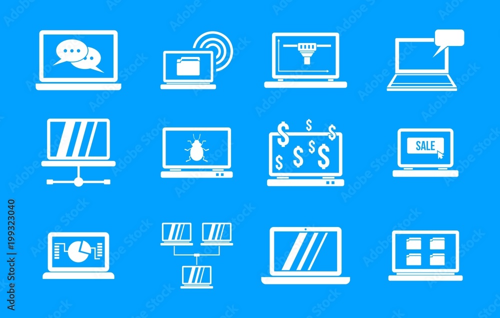 Laptop icon blue set vector Laptop icon blue set vector