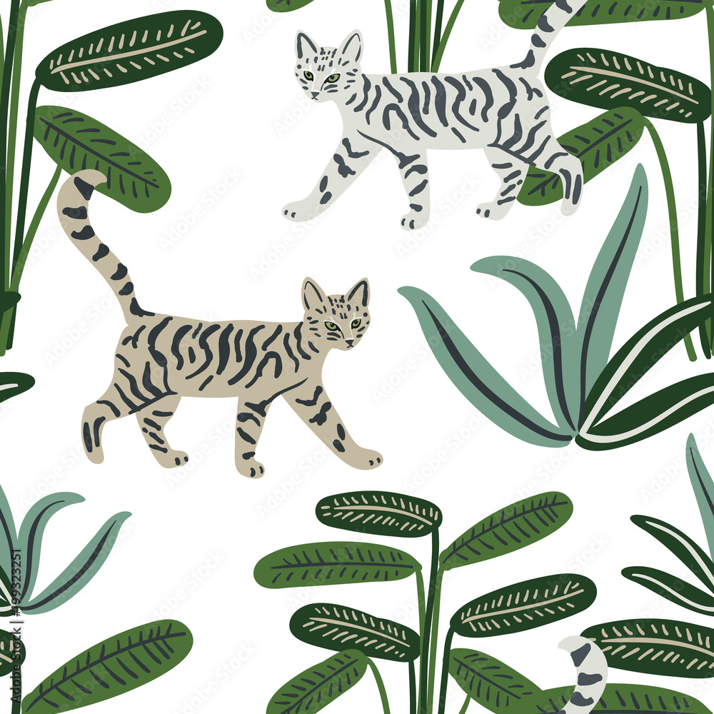 Tropical jungle with cats and palm trees