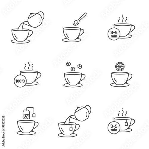 Preparing tea vector icons set outline style